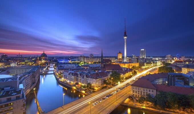 Berlin Skyline City Panorama with blue sky sunset and traffic