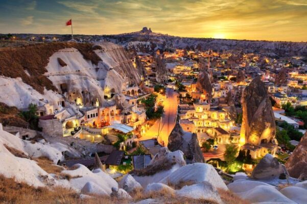 Ancient Goreme town and castle of Uchisar at night