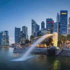 Singapore Merlion Fountain CBD skyscrapers overlooking Marina Bay