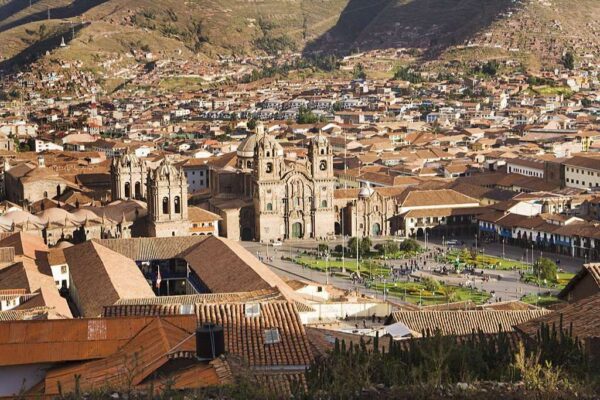 A view of Plaza de Armas, the town center of the city of Cuzco, Peru.