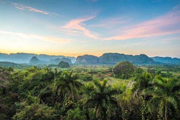 The sunset view of Vinales Valley in Cuba.