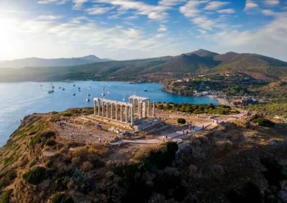 Aerial view of the beach and Temple of Poseidon at Cape Sounion