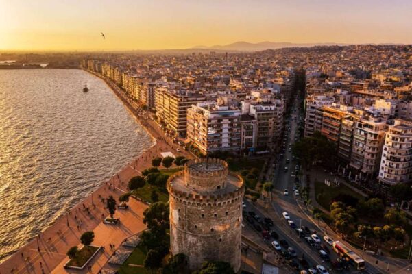 Aerial view of White tower and Thessaloniki center, Greece