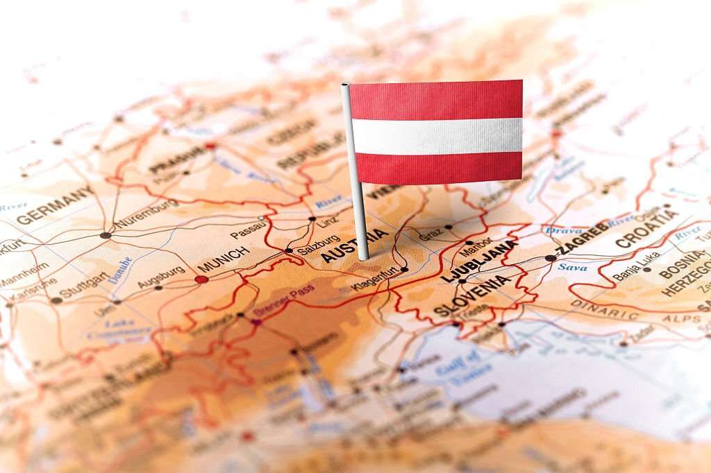 Austria pinned on the map with flag