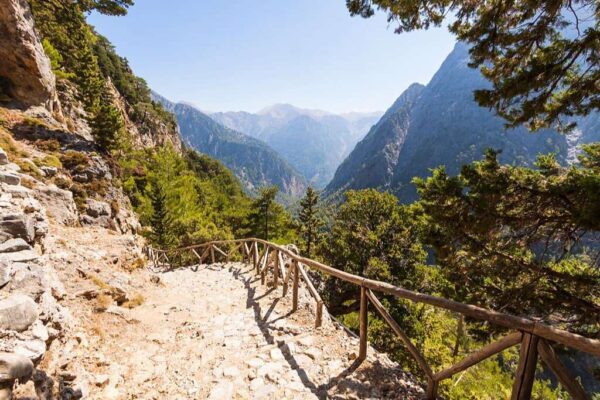 Mountains trail with blue sky, Samaria Gorge in Greece