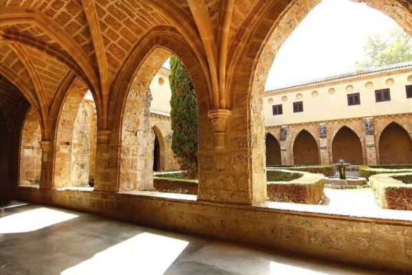 Courtyard of the famous Monasterio de Piedra year 1194 in Nuevalos, Spain