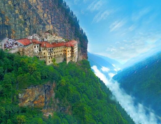Aerial cliffside shot of Sumela Monastery in Trabzon, Turkey
