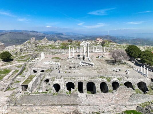 Aerial drone shooting of ancient city of Pergamon acropolis.