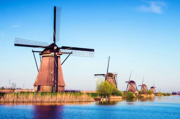 Breathtaking beautiful inspirational landscape with windmills in Kinderdijk, Netherlands