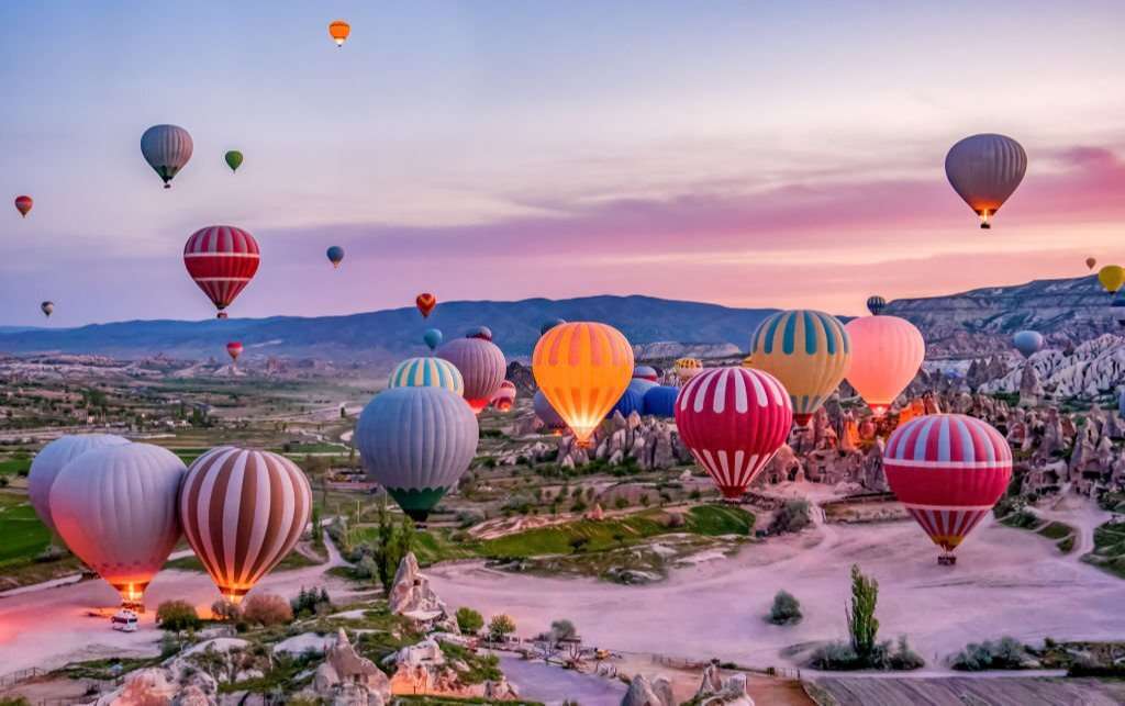 Colorful hot air balloons before launch in Goreme national park, Cappadocia