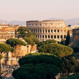 Rome skyline with Coliseum, aerial view, Lazio