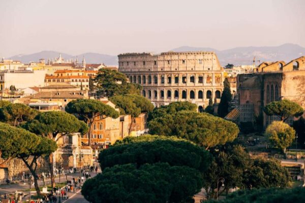 Rome skyline with Coliseum, aerial view, Lazio