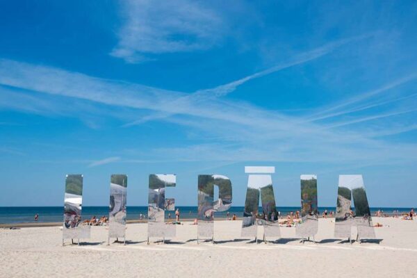 Baltic Sea beach and sign in Liepaja