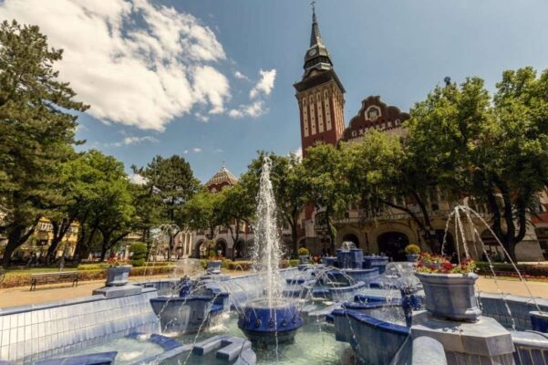 Blue fountain near the town hall in Subotica town