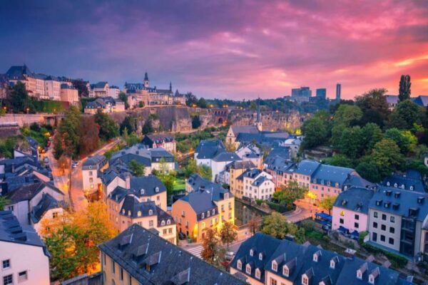 Aerial cityscape image of old town Luxembourg City skyline during beautiful sunrise