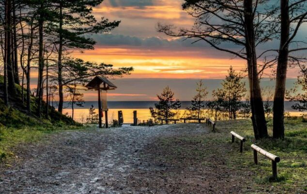 Sunrise on sandy beach of the Baltic Sea in Jurmala