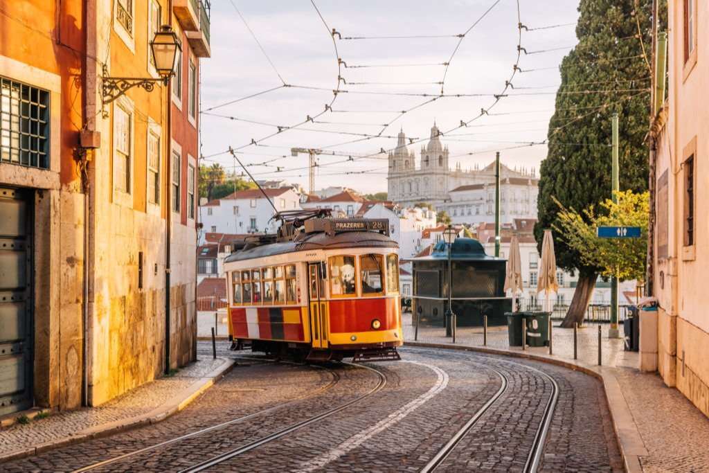 Traditional old tram on the streets of Lisbon old town