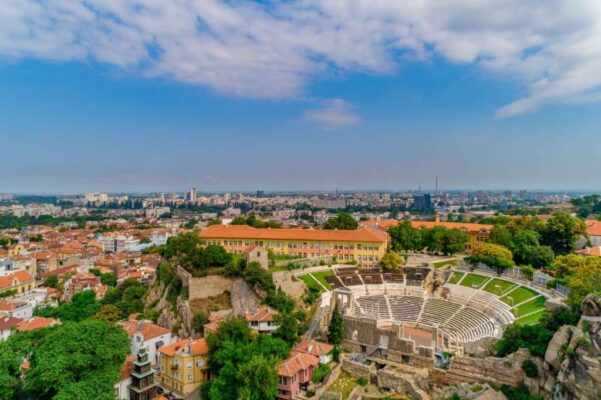 Aerial drone shot of Ancient Roman theatre, Plovdiv
