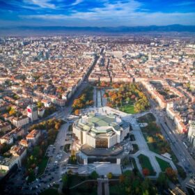 Beautiful aerial drone shot of national palace of culture in Sofia