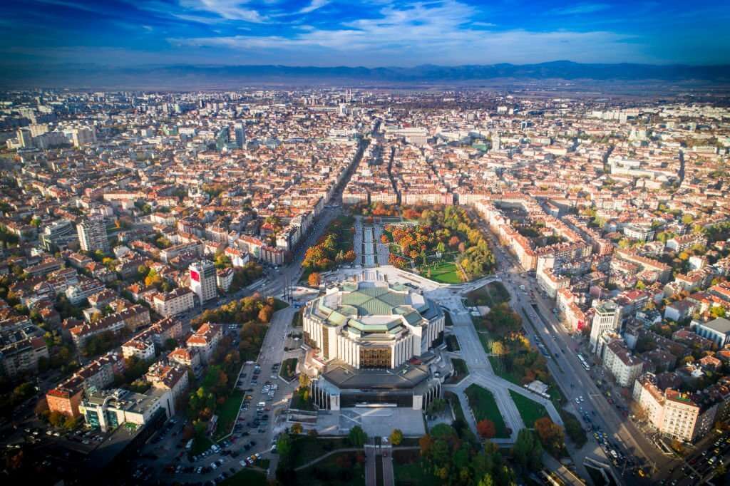 Beautiful aerial drone shot of national palace of culture in Sofia