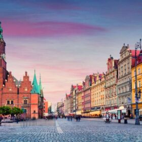 Colorful evening scene on Wroclaw Market Square with Town Hall