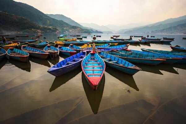 Twilight with boats on Phewa lake, Pokhara